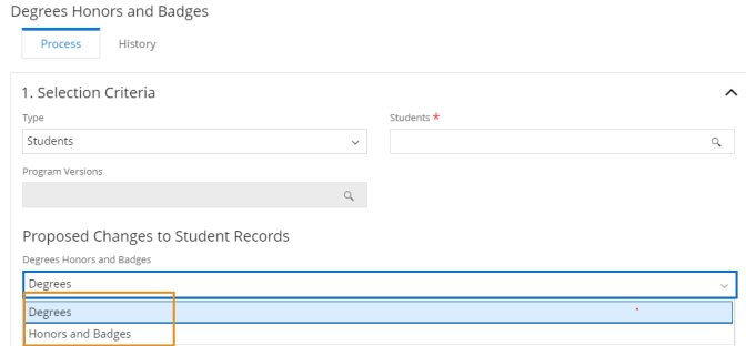 Shows the options in the Degrees Honors and Badges field. 