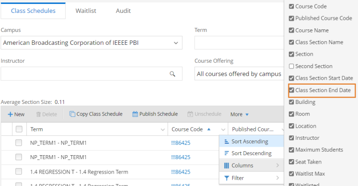 Shows new Class Section End Date column. 