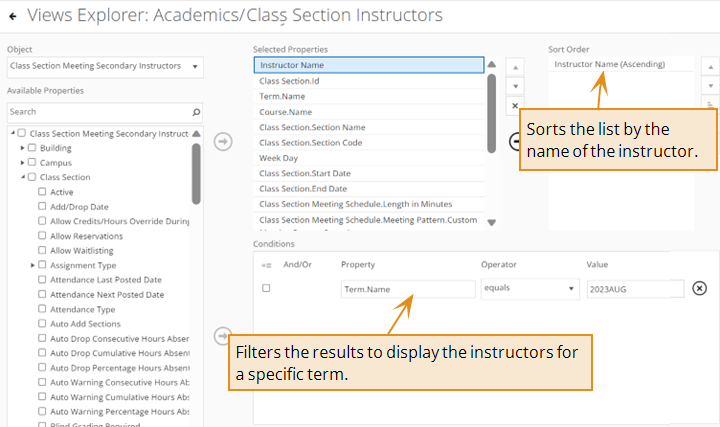 Shows an example query for class section instructors. 