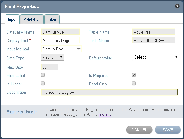 Field Properties: Input Tab