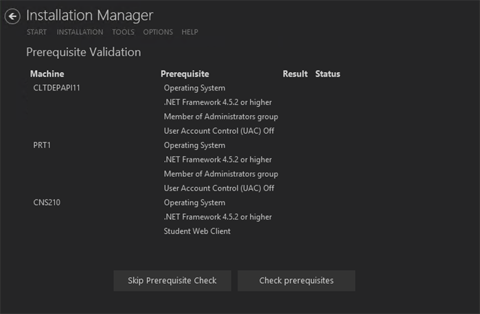 CNS Prerequisite Check screen