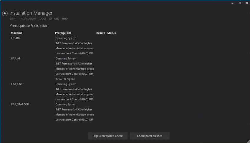 CNS Prerequisite Check screen