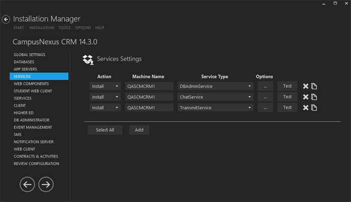 Services Settings Screen