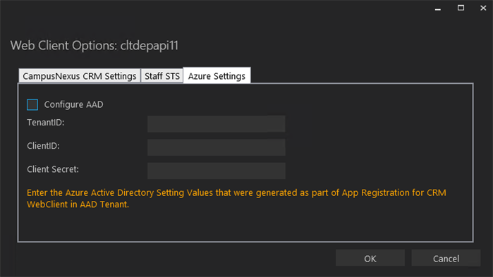 Web Client Options - Azure Settings tab