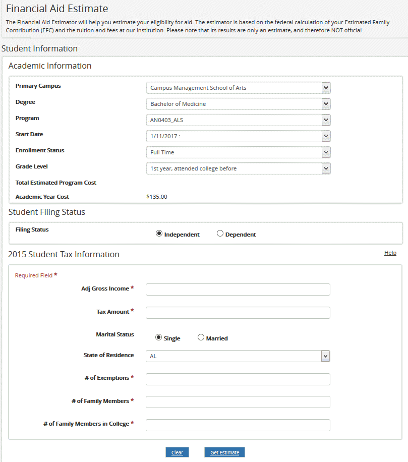 Financial Aid Estimate