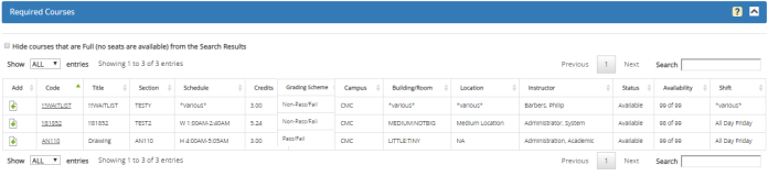 Registration Step 1 - Required Courses grid