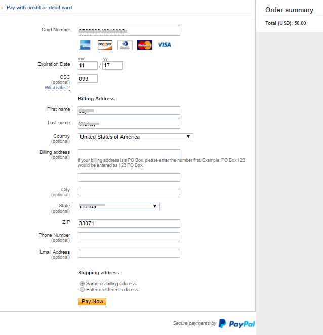 PayPal form