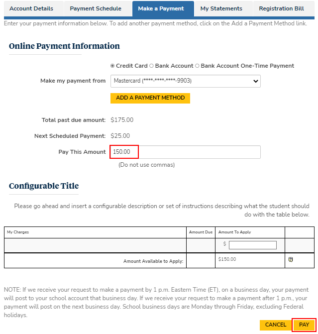 Make a Payment tab - Payment Info