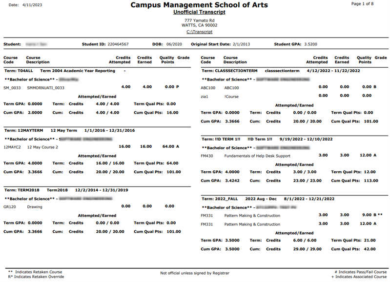 Unofficial Transcript Example