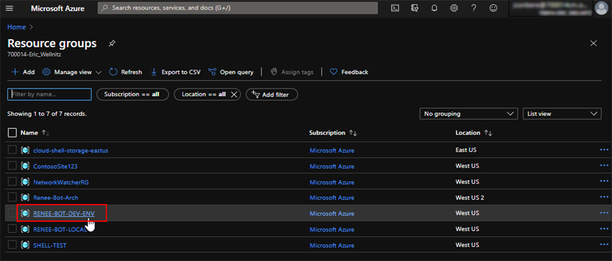 Azure Resource Groups Grid