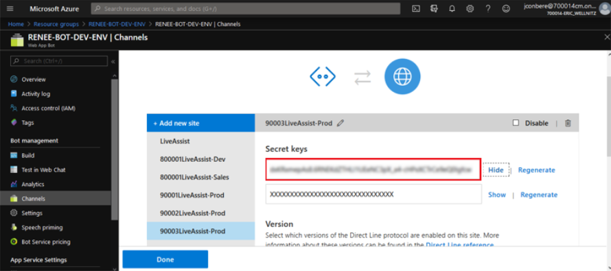 Azure Resource Groups Grid - Connect to Channels - Copy Key