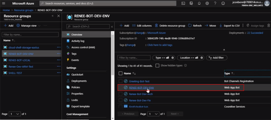 Azure Resource Groups Grid - Web App Bot