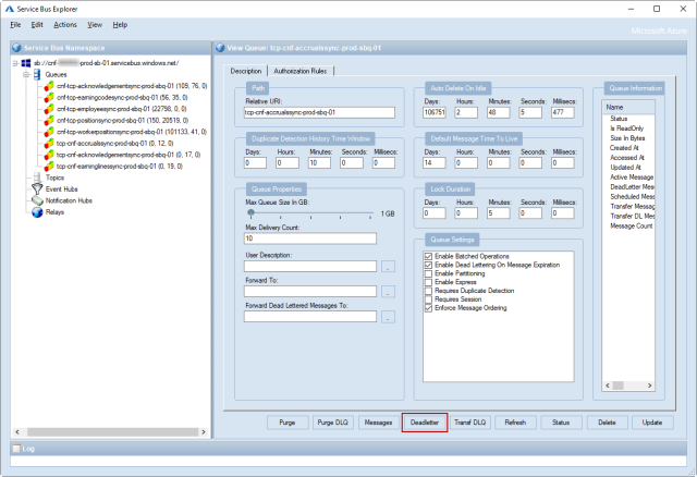 Service Bus Explorer page