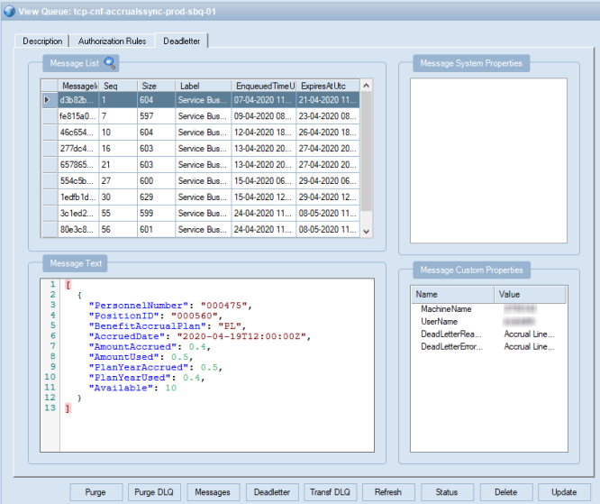 Deadletter tab of the Service Bus Explorer page