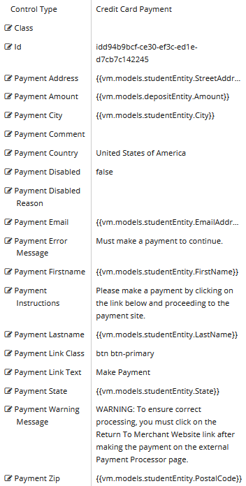 Credit Card Payment properties