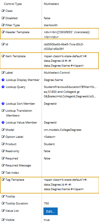 Multiselect properties